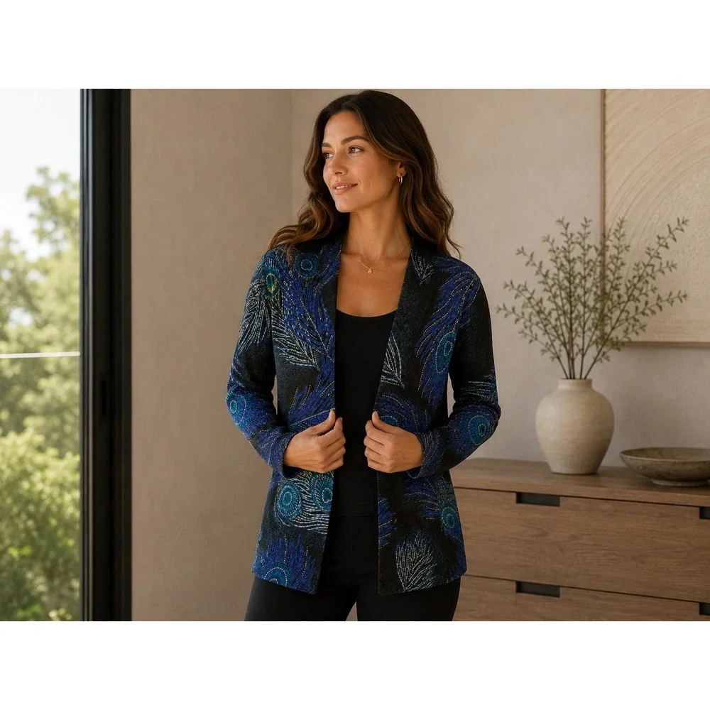 JM Collection Women Peacock Feather Print Open Front Cardigan Jacket Black Small